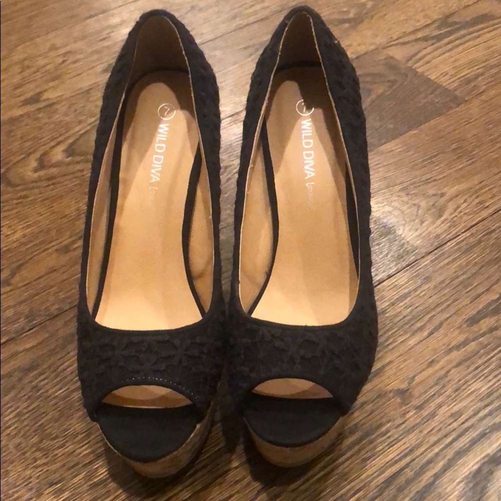 Black crochet peep toe cork wedge heel